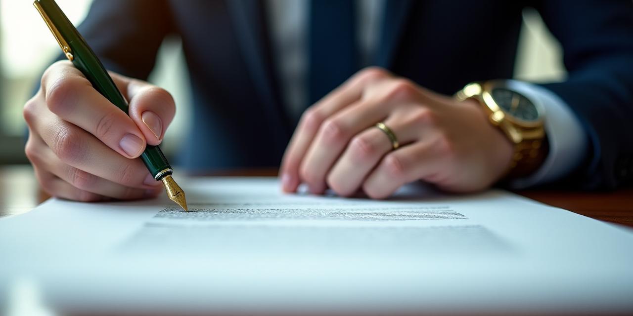 Close up of a professional signing a legal document on a high-end wooden desk with a fountain pen