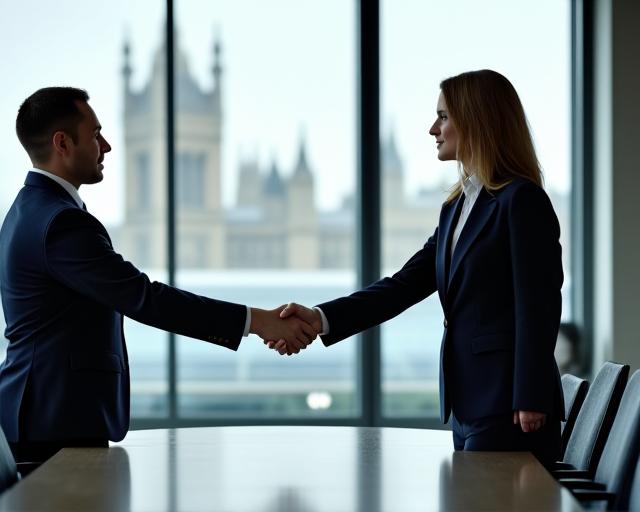 Two professionals shaking hands in a modern London glass-walled office space