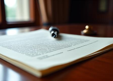 Legal documents and quill pen on a dark mahogany desk